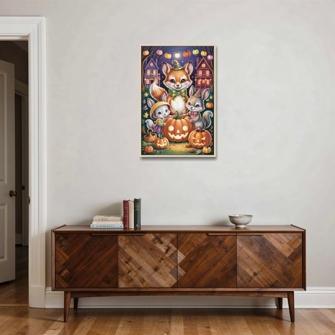 Adorable Animal TrickorTreat Cute Halloween - Oak Framed Canvas Wall Art - Coffee Table - 24x36