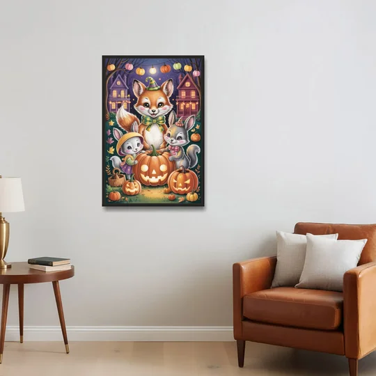Adorable Animal TrickorTreat Cute Halloween - Black Framed Canvas Wall Art - Sofa - 24x36