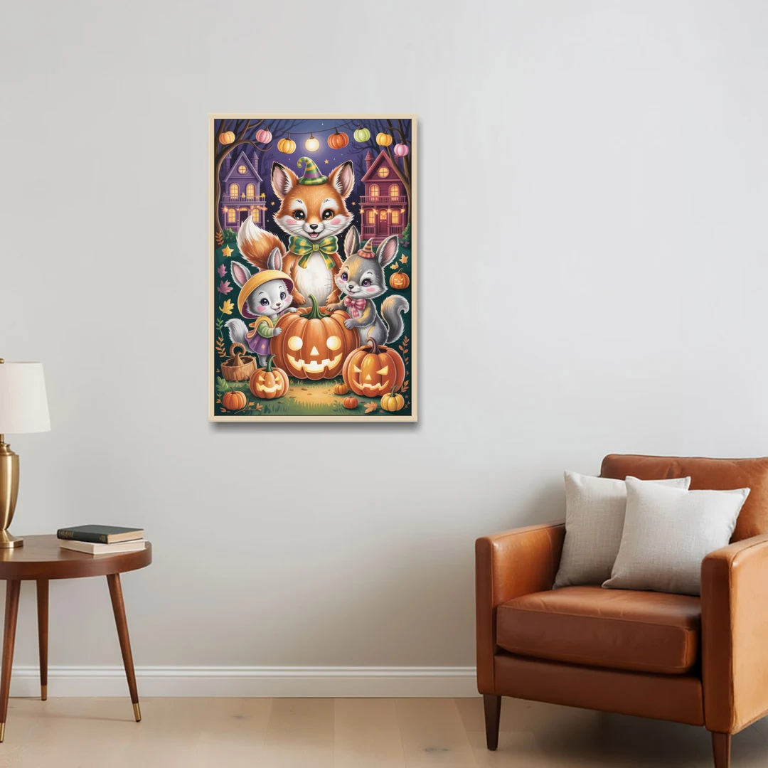 Adorable Animal TrickorTreat Cute Halloween - Oak Framed Canvas Wall Art - Sofa - 24x36