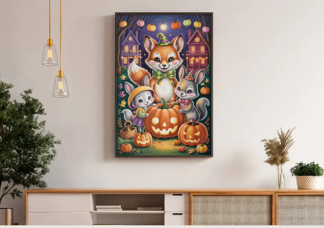 Adorable Animal TrickorTreat Cute Halloween canvas wall art above a wooden sideboard under pendant lights