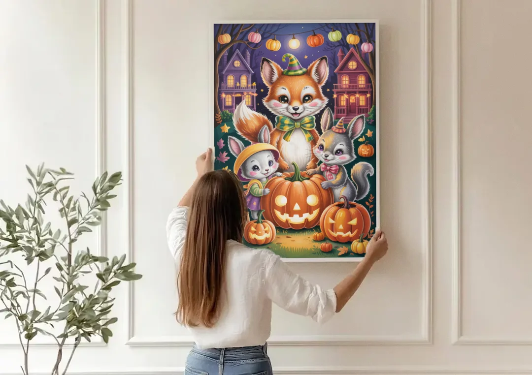 Adorable Animal TrickorTreat Cute Halloween canvas wall art being hung on a paneled wall