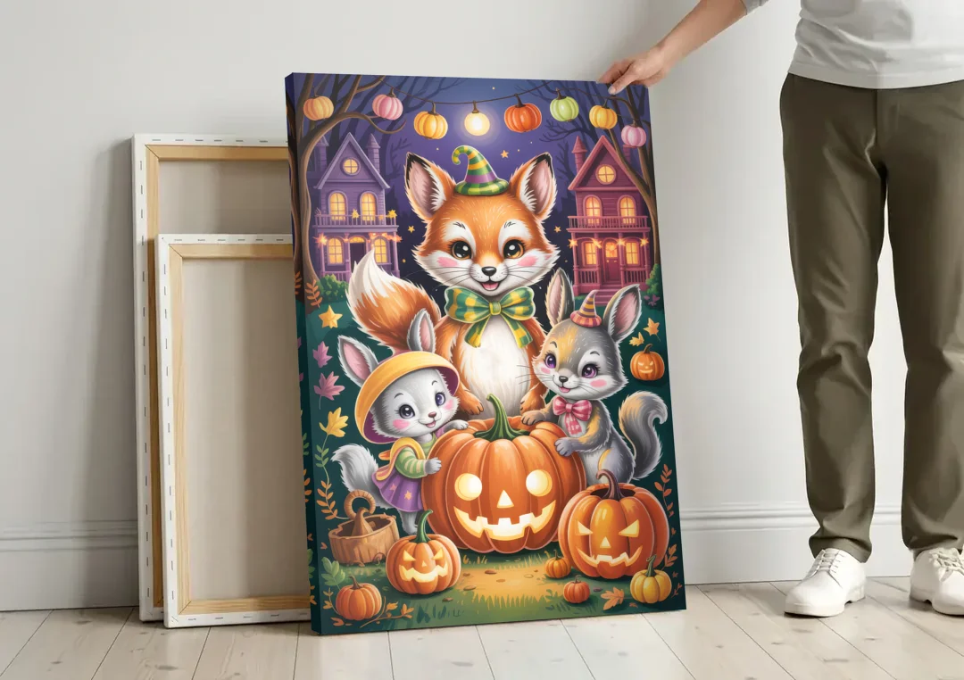 Adorable Animal TrickorTreat Cute Halloween canvas wall art leaning against a wall next to blank canvases