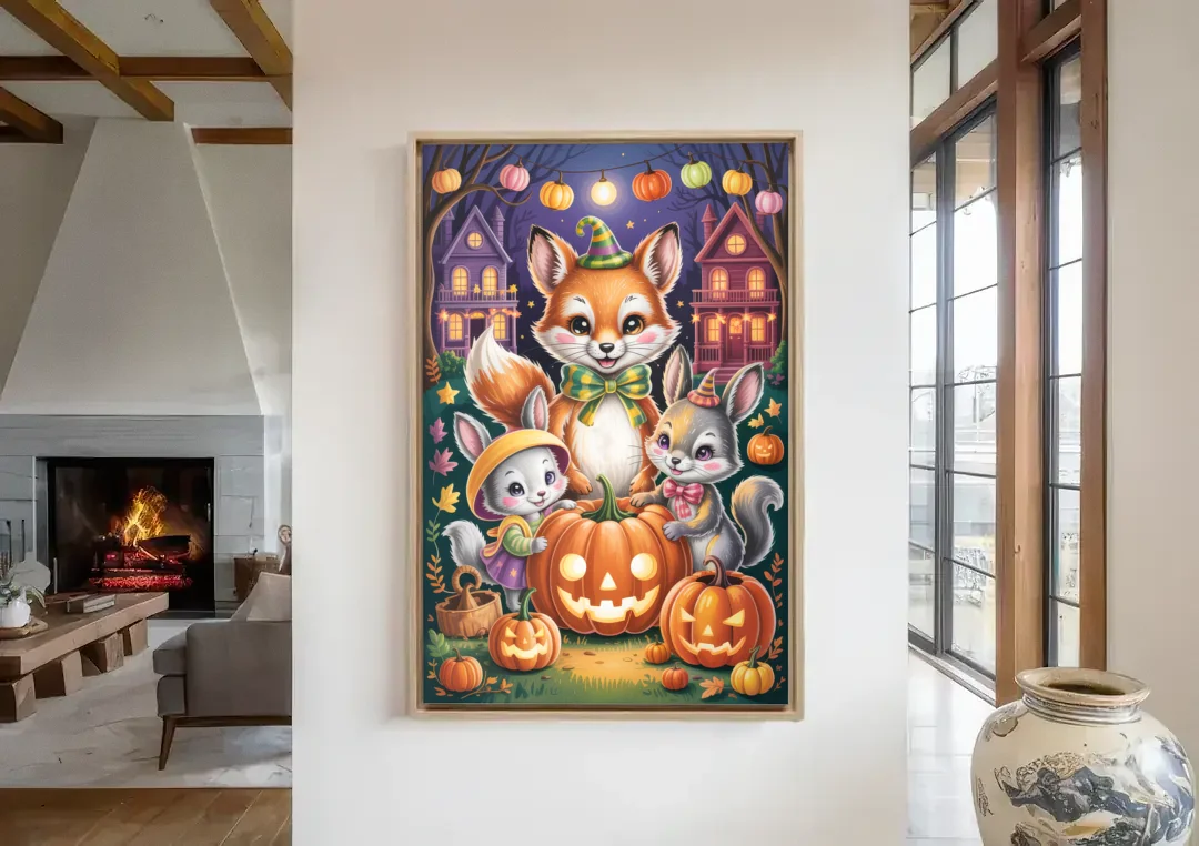 Adorable Animal TrickorTreat Cute Halloween canvas wall art in a living room with a fireplace