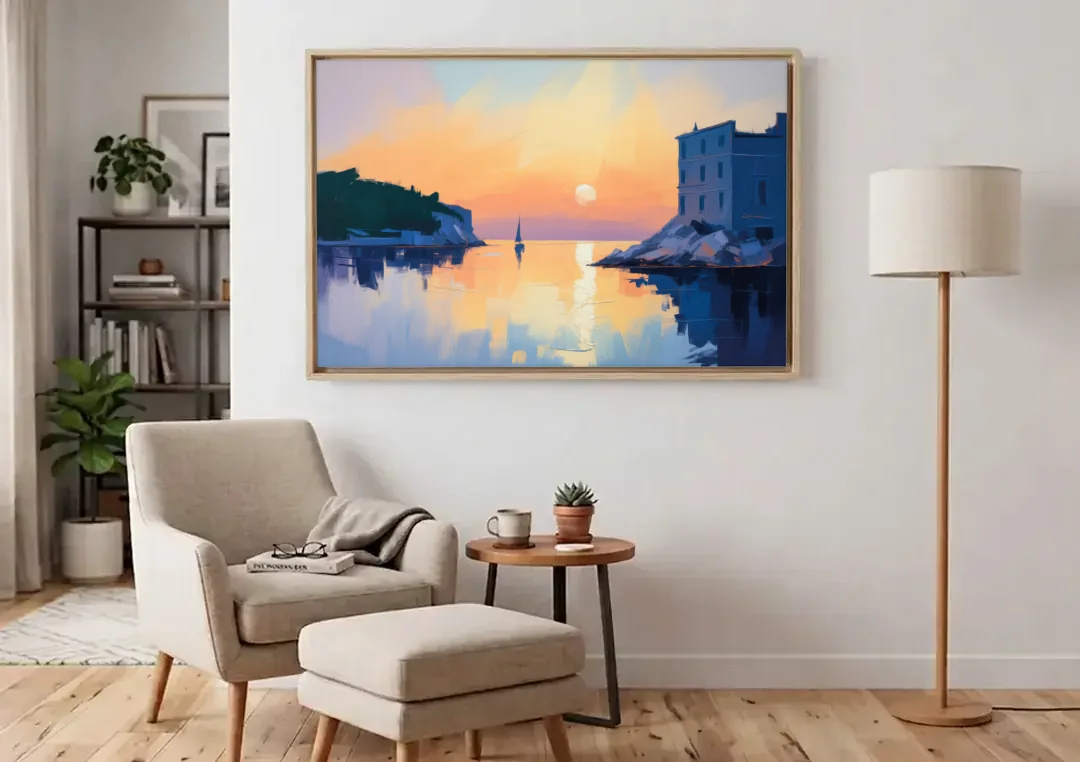 Adriatic Sunset canvas wall art above an armchair in a bright living room