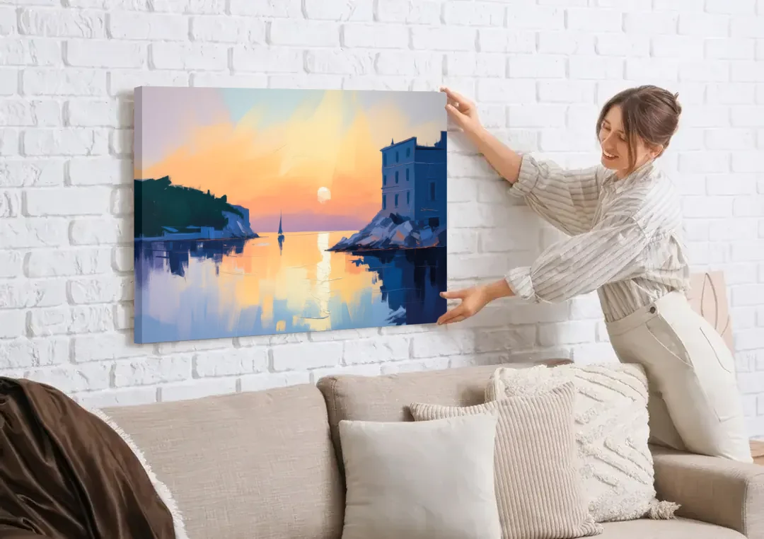 Adriatic Sunset canvas wall art being hung on a white brick wall above a sofa