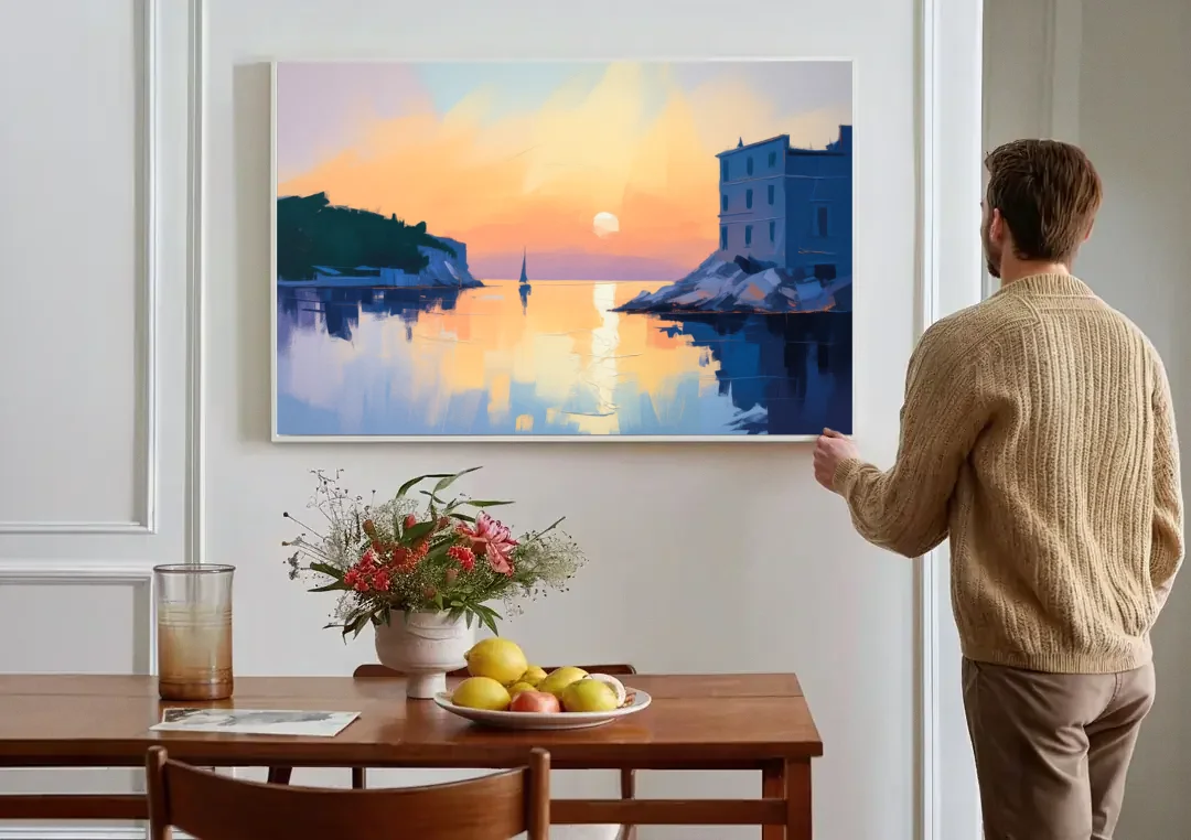 Adriatic Sunset canvas wall art above a dining table
