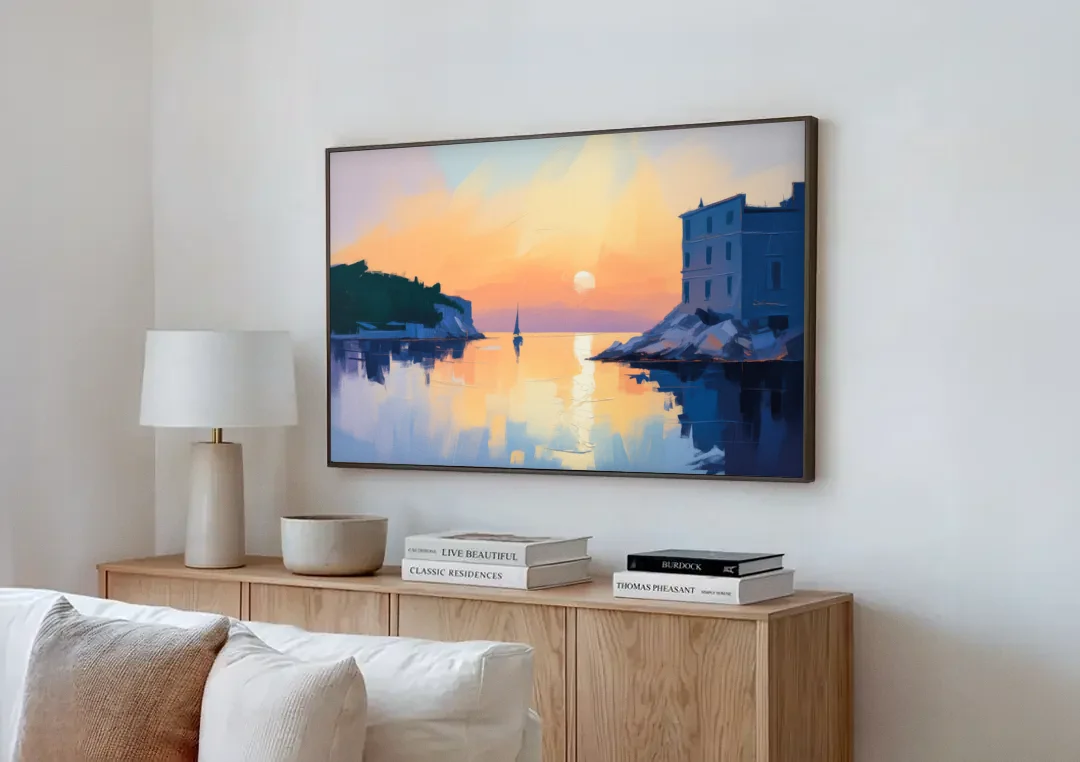 Adriatic Sunset canvas wall art above a wooden sideboard next to a sofa
