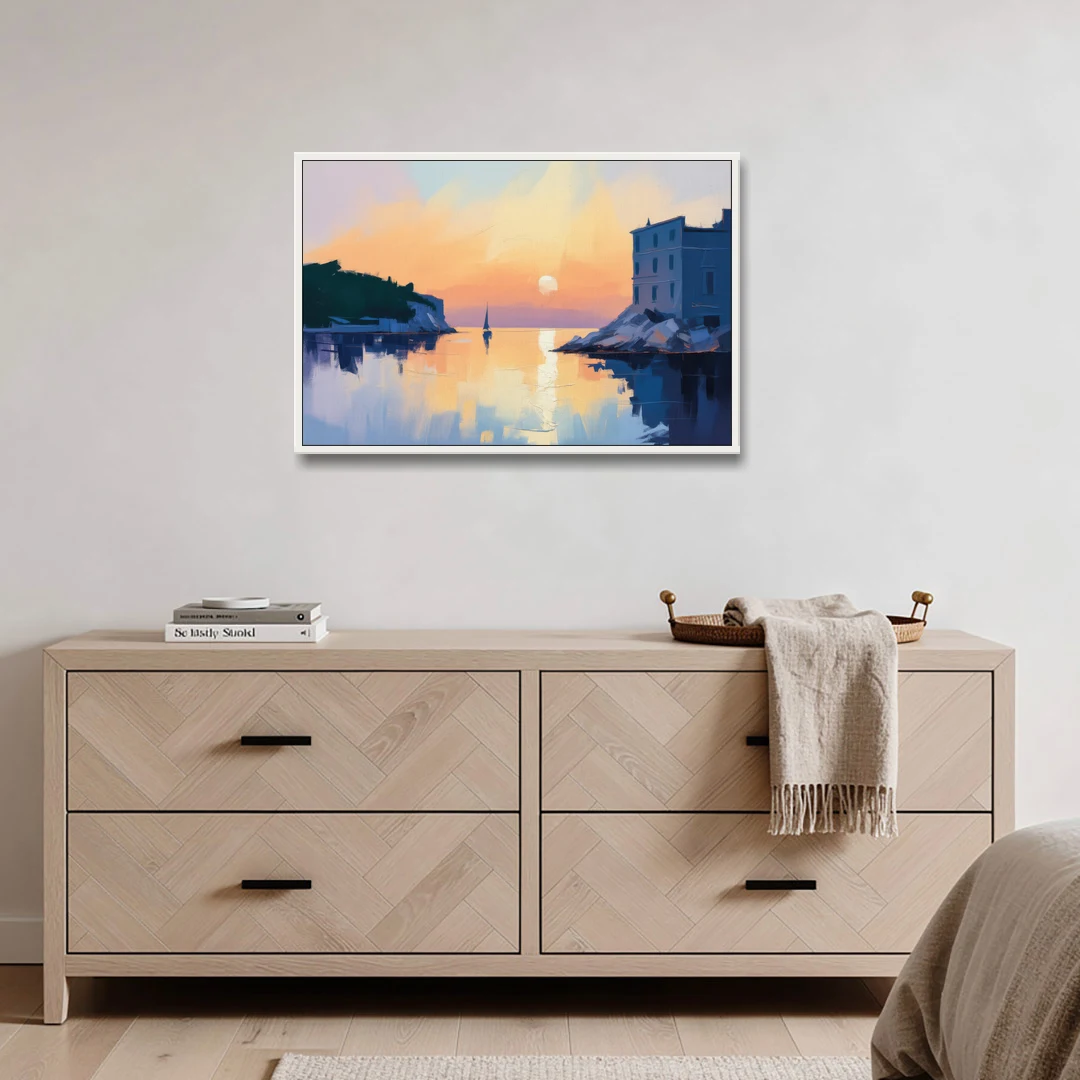 Adriatic Sunset - White Framed Canvas Wall Art - Coffee Table - 36x24