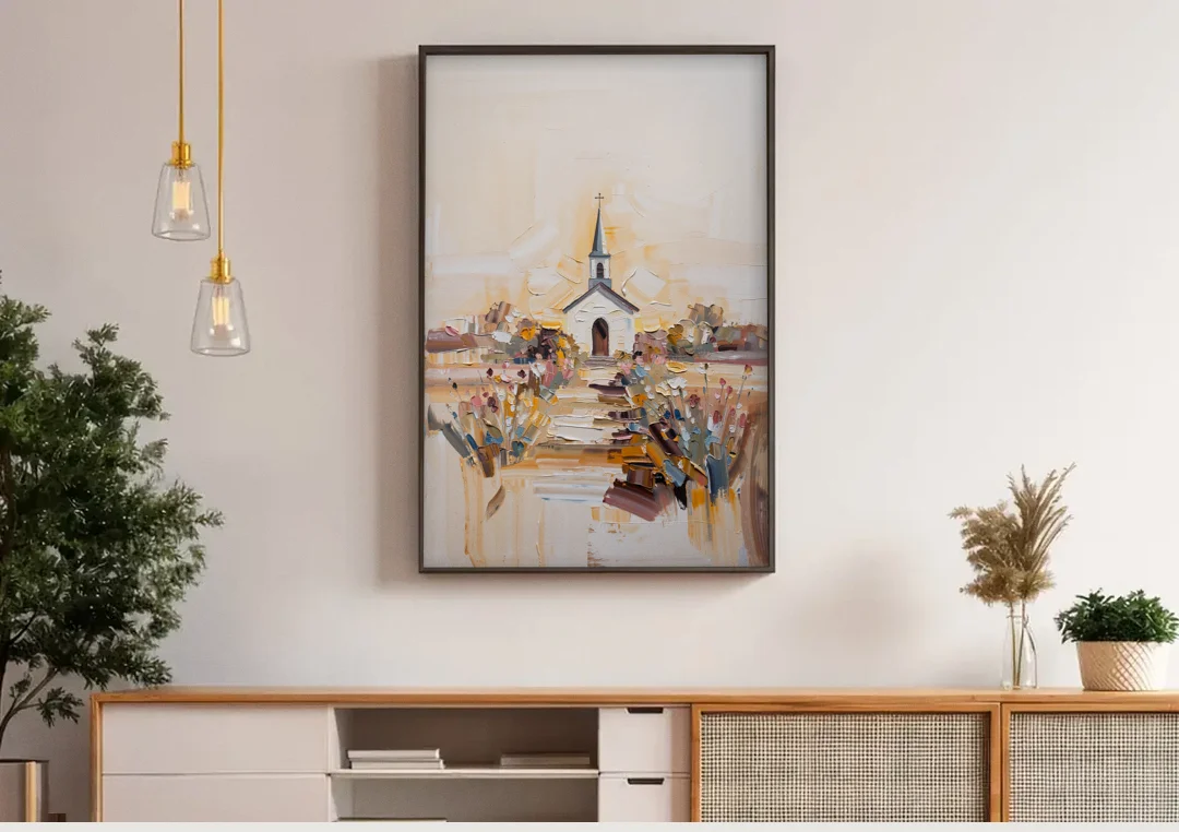 Aesthetic Christian Garden Serenity canvas wall art above a wooden sideboard under pendant lights