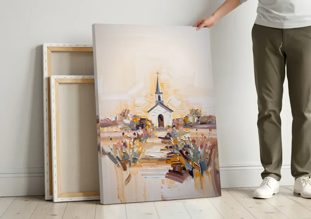 Aesthetic Christian Garden Serenity canvas wall art leaning against a wall next to blank canvases