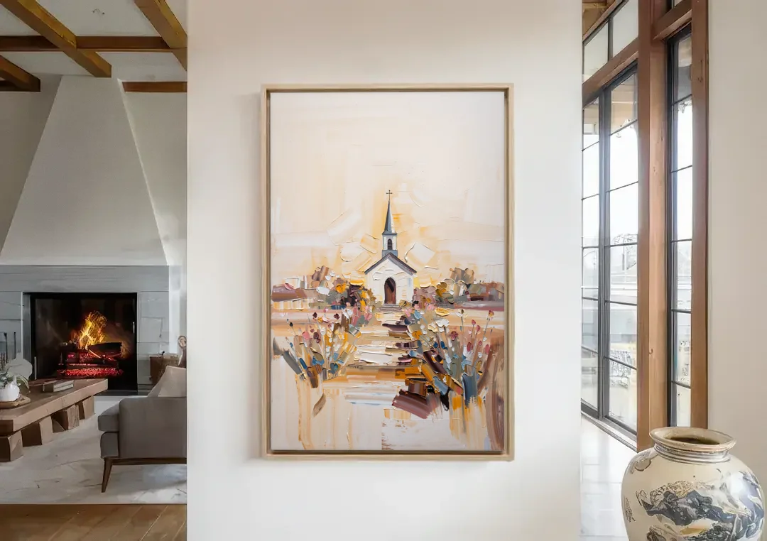 Aesthetic Christian Garden Serenity canvas wall art in a living room with a fireplace