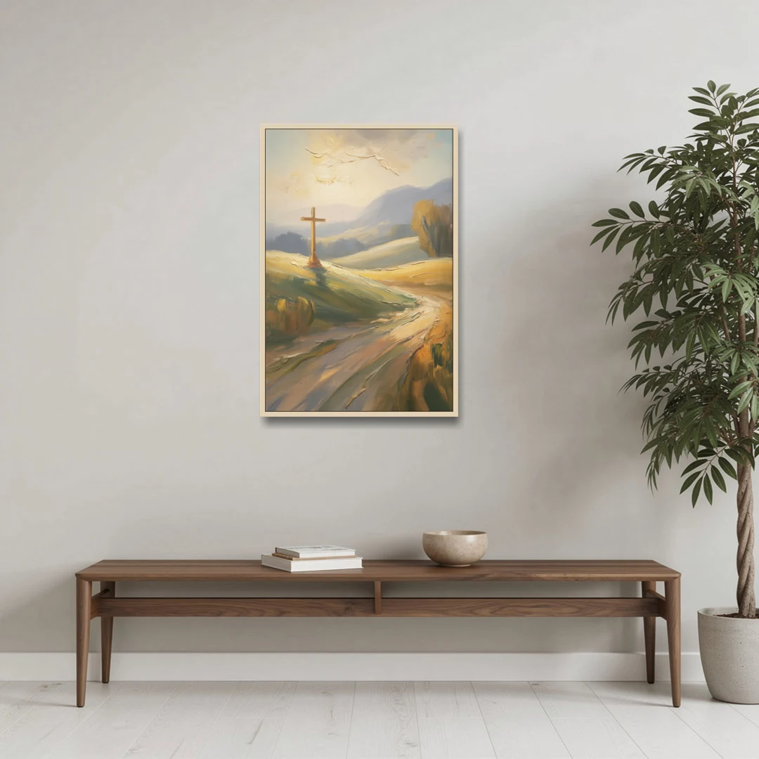 Aesthetic Christian Serene Hillscape - Oak Framed Canvas Wall Art - Coffee Table - 24x36