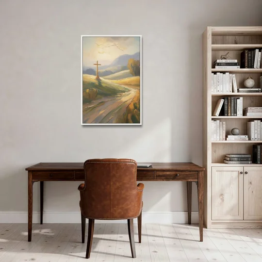 Aesthetic Christian Serene Hillscape - White Framed Canvas Wall Art - Office - 24x36