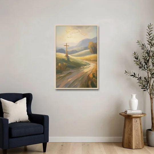 Aesthetic Christian Serene Hillscape - Oak Framed Canvas Wall Art - Sofa - 24x36