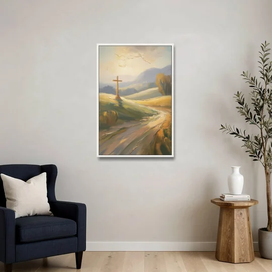Aesthetic Christian Serene Hillscape - White Framed Canvas Wall Art - Sofa - 24x36