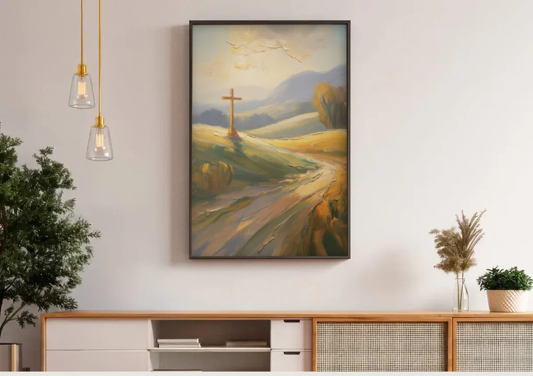 Aesthetic Christian Serene Hillscape canvas wall art above a wooden sideboard under pendant lights