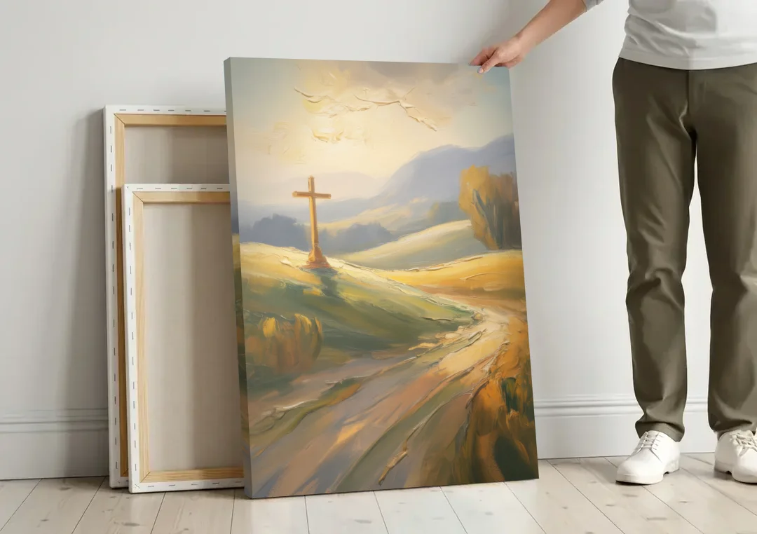 Aesthetic Christian Serene Hillscape canvas wall art leaning against a wall next to blank canvases