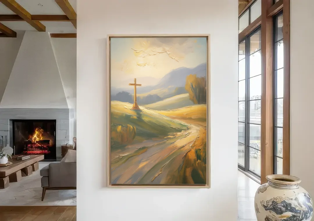 Aesthetic Christian Serene Hillscape canvas wall art in a living room with a fireplace