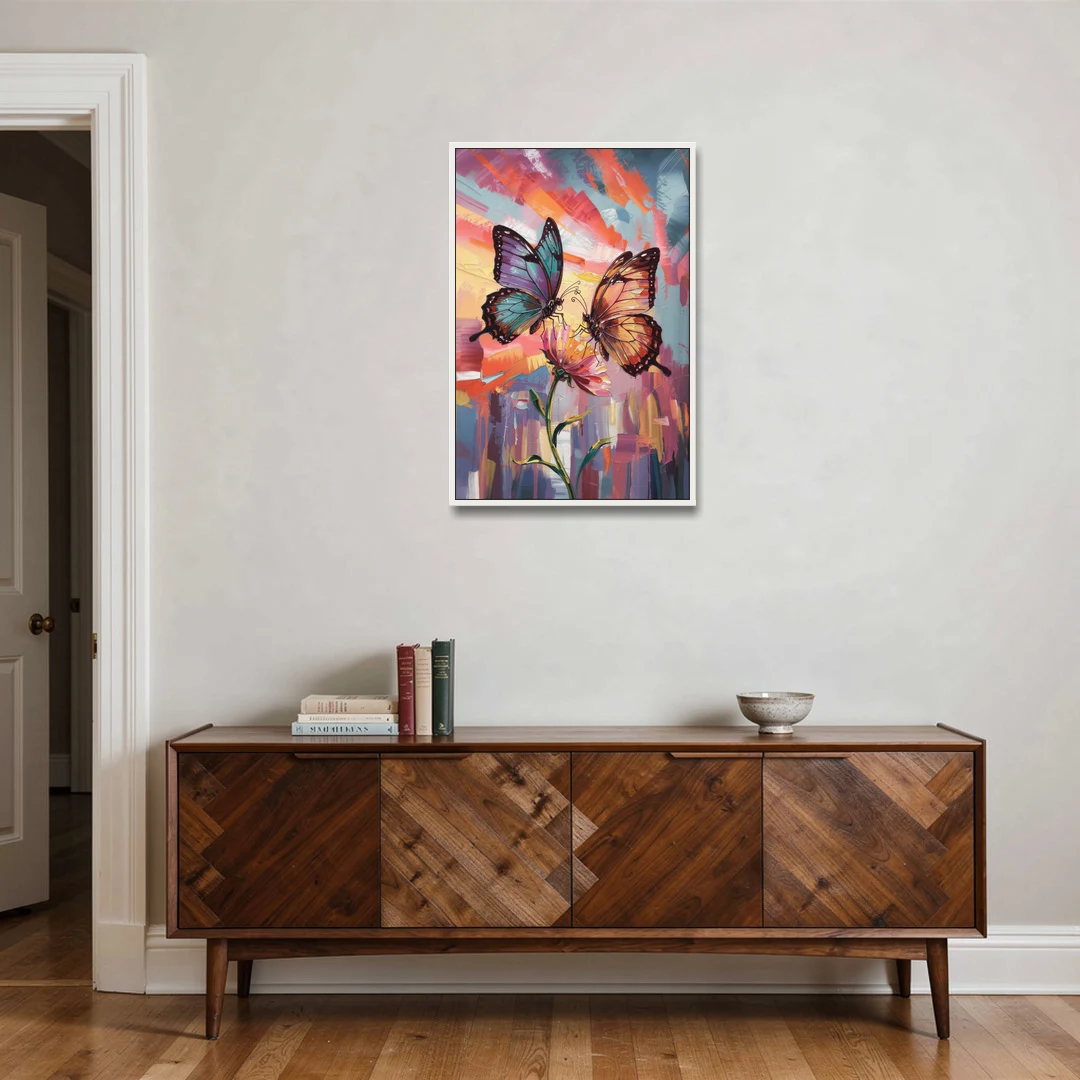 Affectionate Butterfly Kiss - White Framed Canvas Wall Art - Coffee Table - 24x36