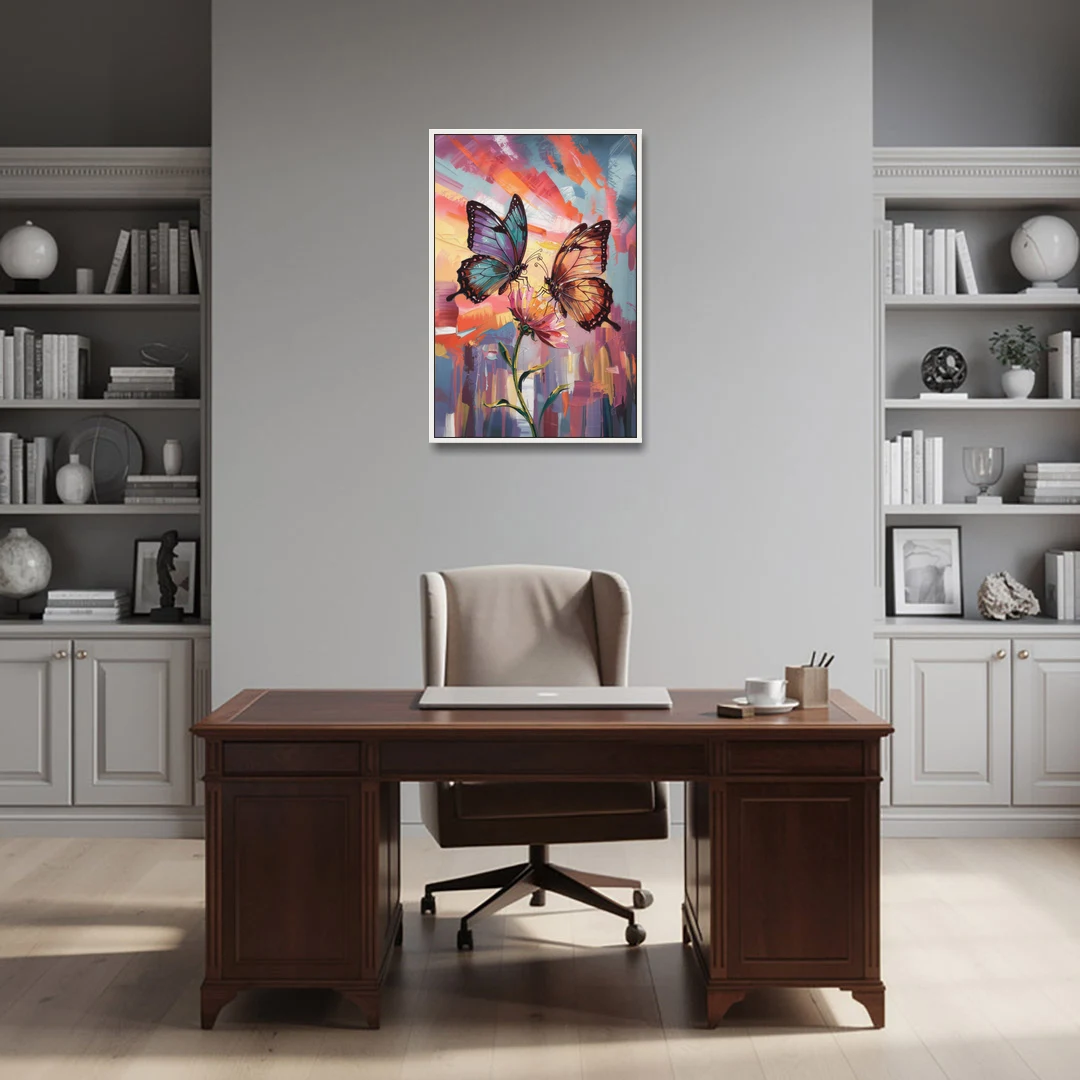 Affectionate Butterfly Kiss - White Framed Canvas Wall Art - Office - 24x36