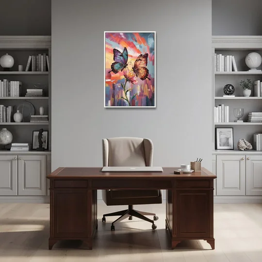 Affectionate Butterfly Kiss - White Framed Canvas Wall Art - Office - 24x36