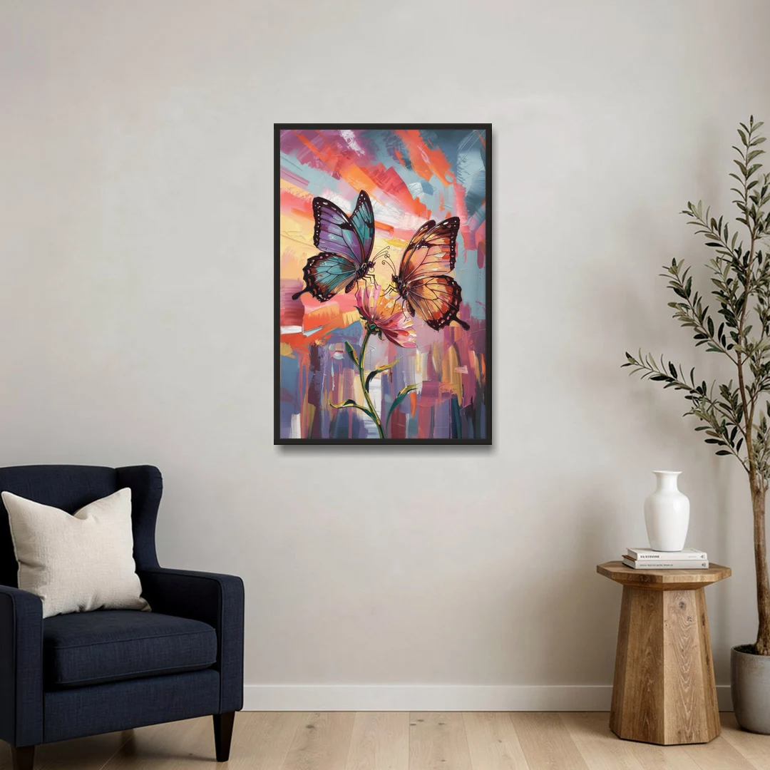 Affectionate Butterfly Kiss - Black Framed Canvas Wall Art - Sofa - 24x36