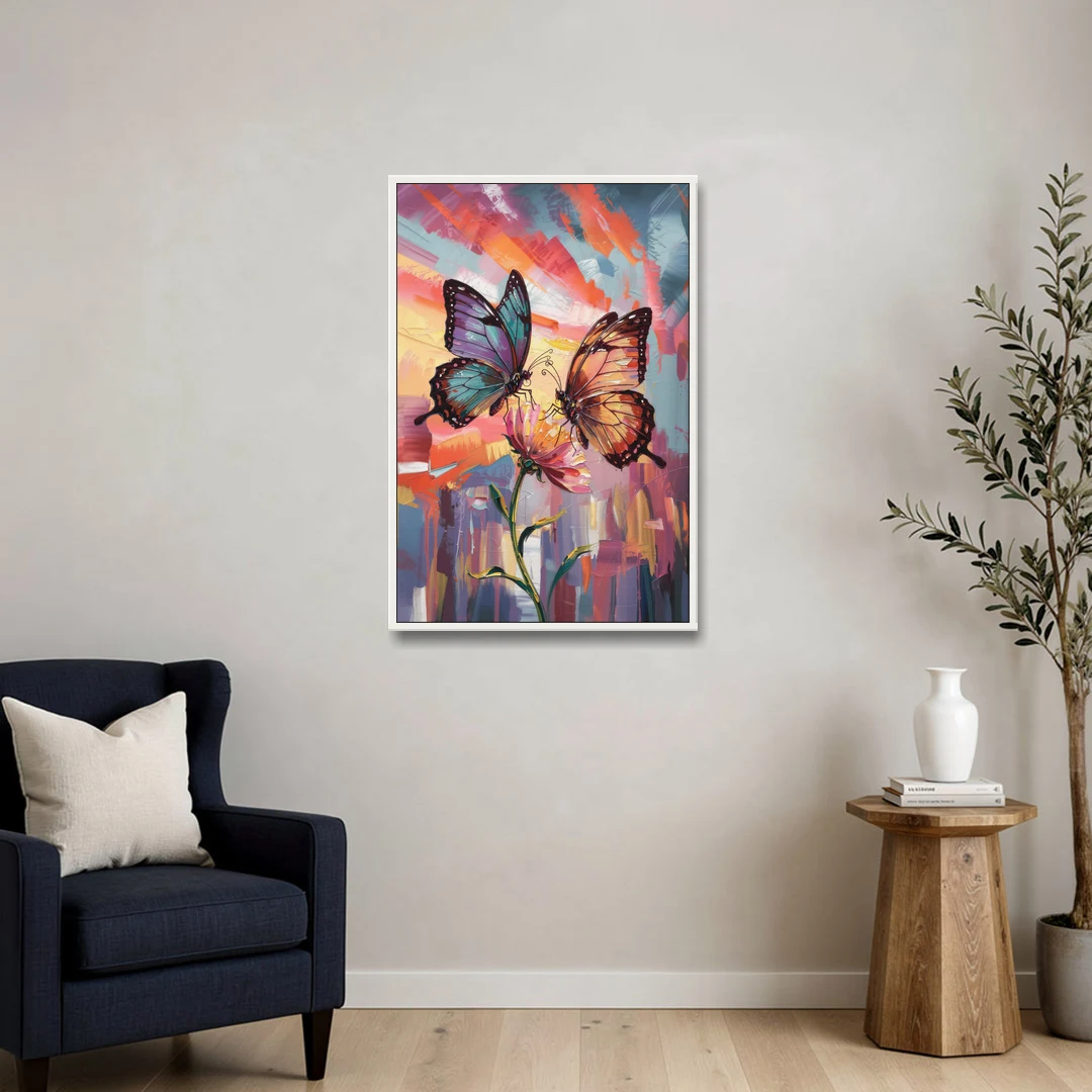 Affectionate Butterfly Kiss - White Framed Canvas Wall Art - Sofa - 24x36
