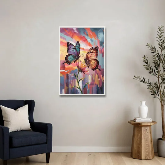 Affectionate Butterfly Kiss - White Framed Canvas Wall Art - Sofa - 24x36