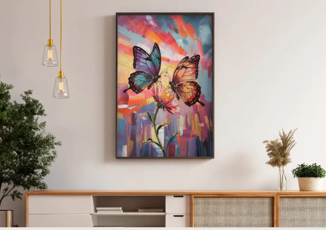 Affectionate Butterfly Kiss canvas wall art above a wooden sideboard under pendant lights