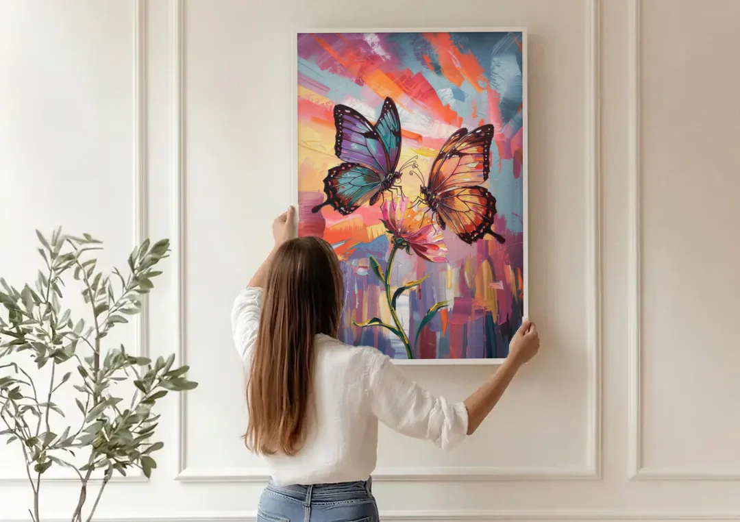 Affectionate Butterfly Kiss canvas wall art being hung on a paneled wall