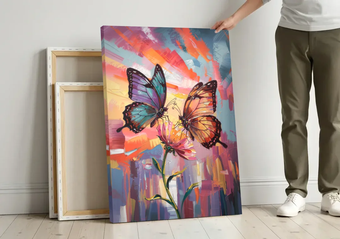 Affectionate Butterfly Kiss canvas wall art leaning against a wall next to blank canvases