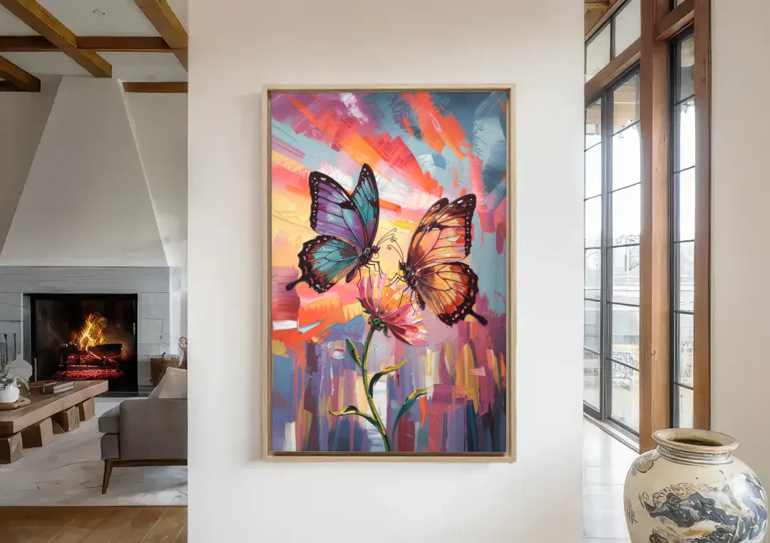 Affectionate Butterfly Kiss canvas wall art in a living room with a fireplace