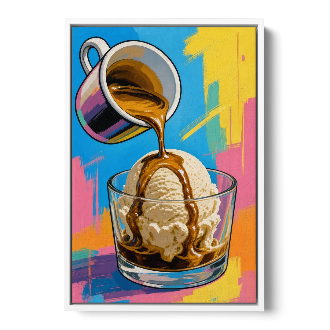 Affogato Espresso Pour in Pop Color - White Framed Canvas Wall Art - Front