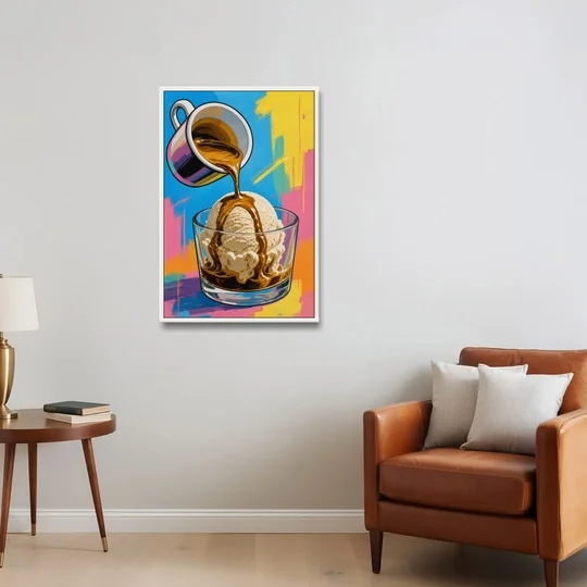Affogato Espresso Pour in Pop Color - White Framed Canvas Wall Art - Sofa - 24x36