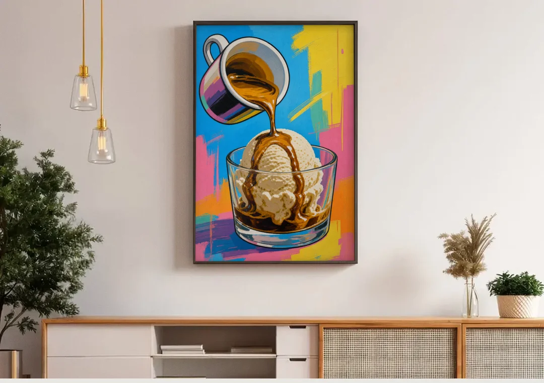Affogato Espresso Pour in Pop Color canvas wall art above a wooden sideboard under pendant lights