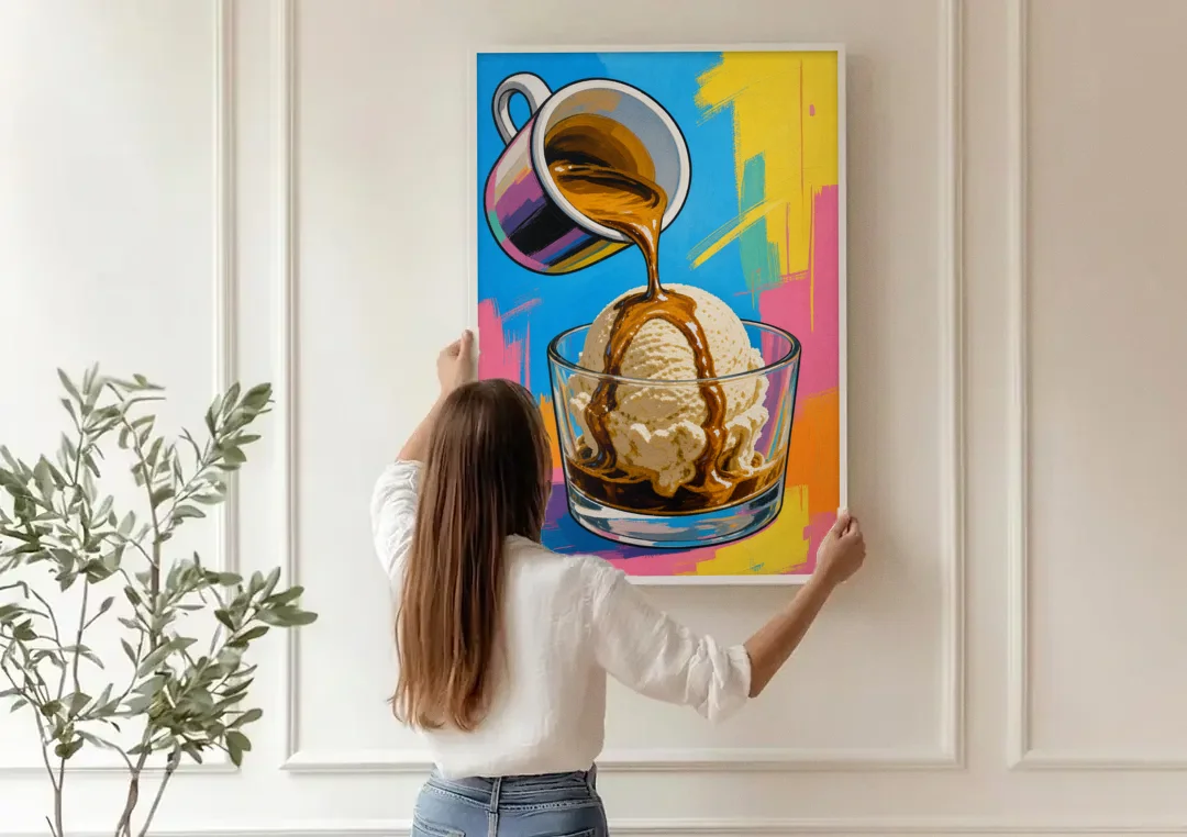Affogato Espresso Pour in Pop Color canvas wall art being hung on a paneled wall