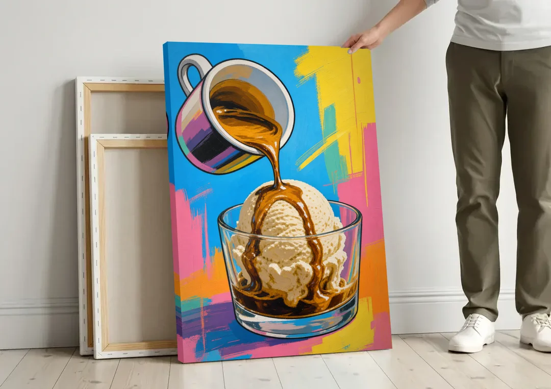 Affogato Espresso Pour in Pop Color canvas wall art leaning against a wall next to blank canvases