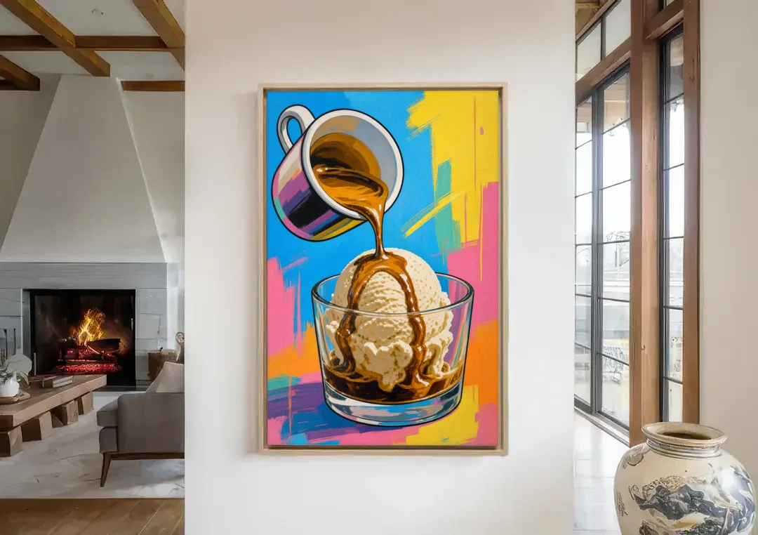 Affogato Espresso Pour in Pop Color canvas wall art in a living room with a fireplace