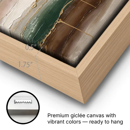Agate Bands in Forest Green and Gold - Oak Framed Canvas Wall Art - Gallery Wrap Corner