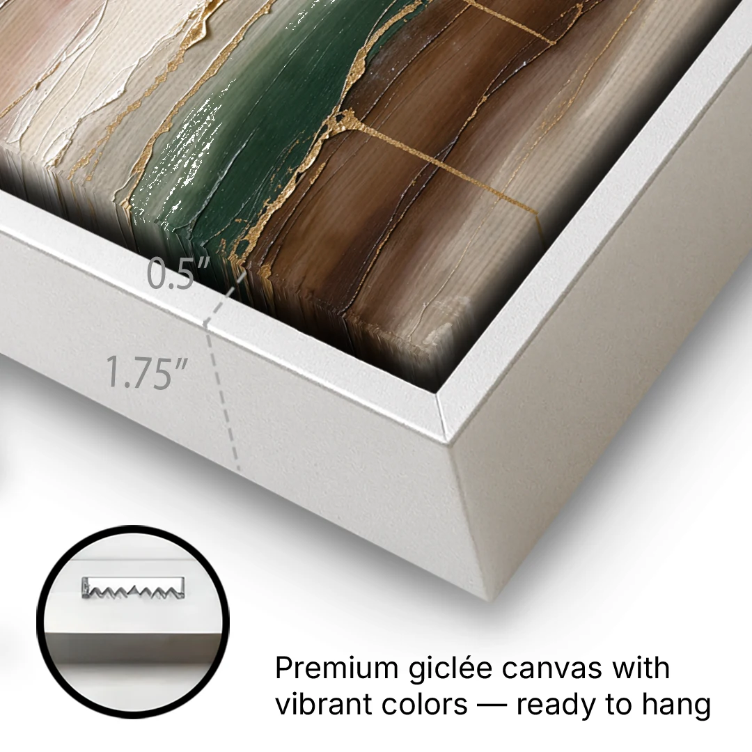 Agate Bands in Forest Green and Gold - White Framed Canvas Wall Art - Gallery Wrap Corner