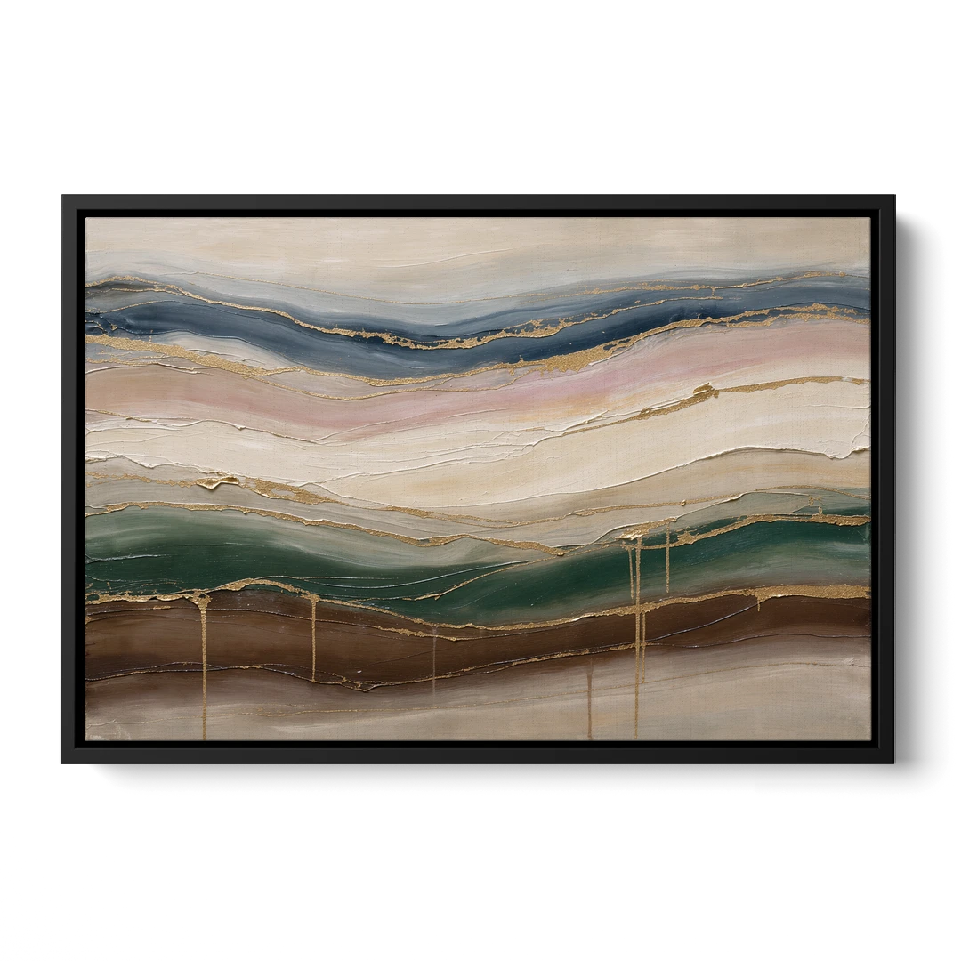 Agate Bands in Forest Green and Gold - Black Framed Canvas Wall Art - Front