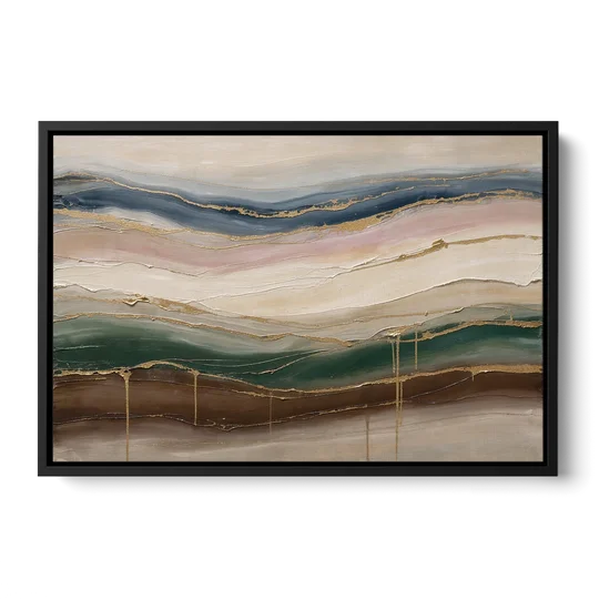 Agate Bands in Forest Green and Gold - Black Framed Canvas Wall Art - Front