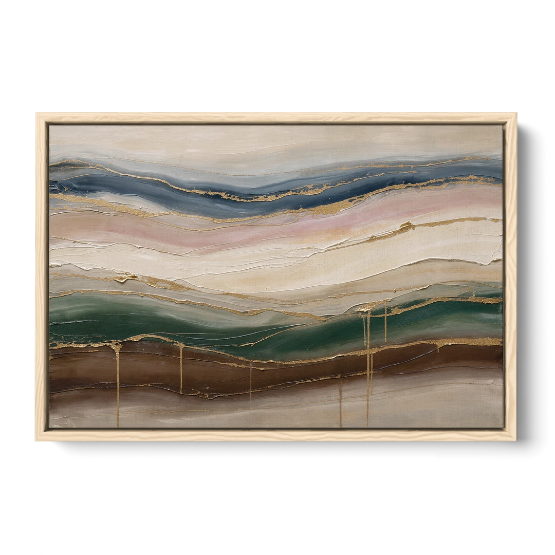 Agate Bands in Forest Green and Gold - Oak Framed Canvas Wall Art - Front