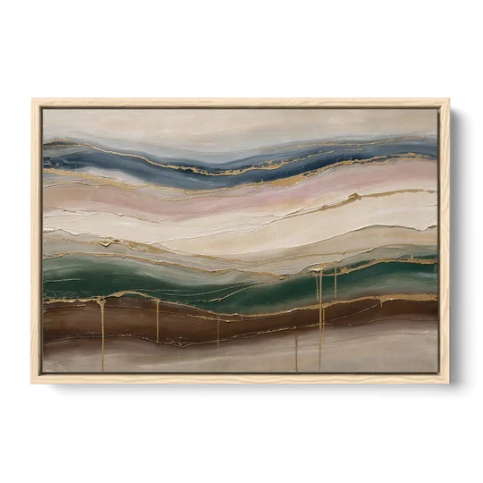 Agate Bands in Forest Green and Gold - Oak Framed Canvas Wall Art - Front