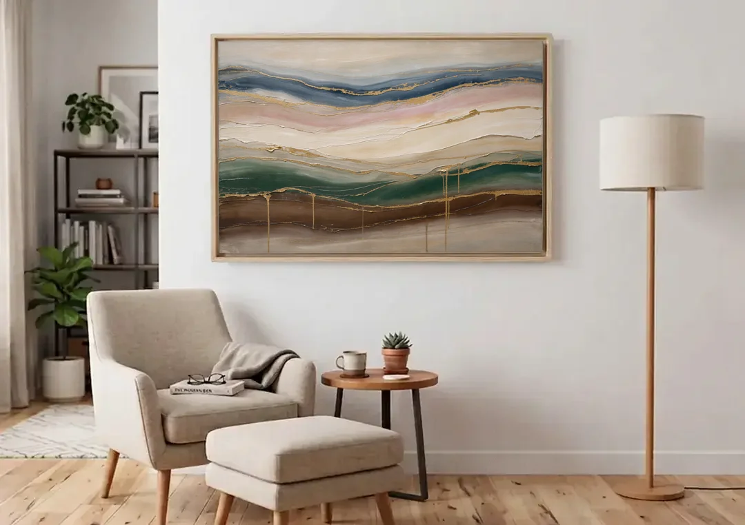 Agate Bands in Forest Green and Gold canvas wall art above an armchair in a bright living room