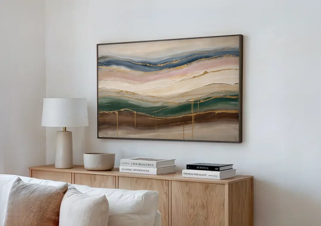 Agate Bands in Forest Green and Gold canvas wall art above a wooden sideboard next to a sofa