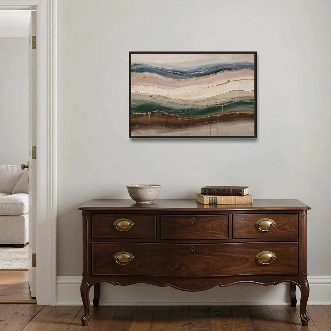 Agate Bands in Forest Green and Gold - Black Framed Canvas Wall Art - Coffee Table - 36x24