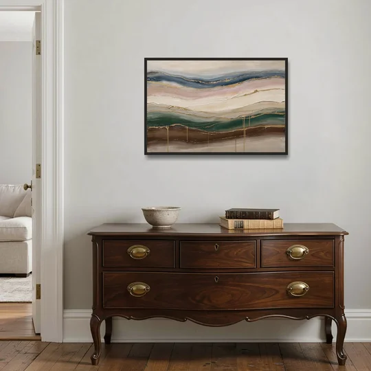Agate Bands in Forest Green and Gold - Black Framed Canvas Wall Art - Coffee Table - 36x24