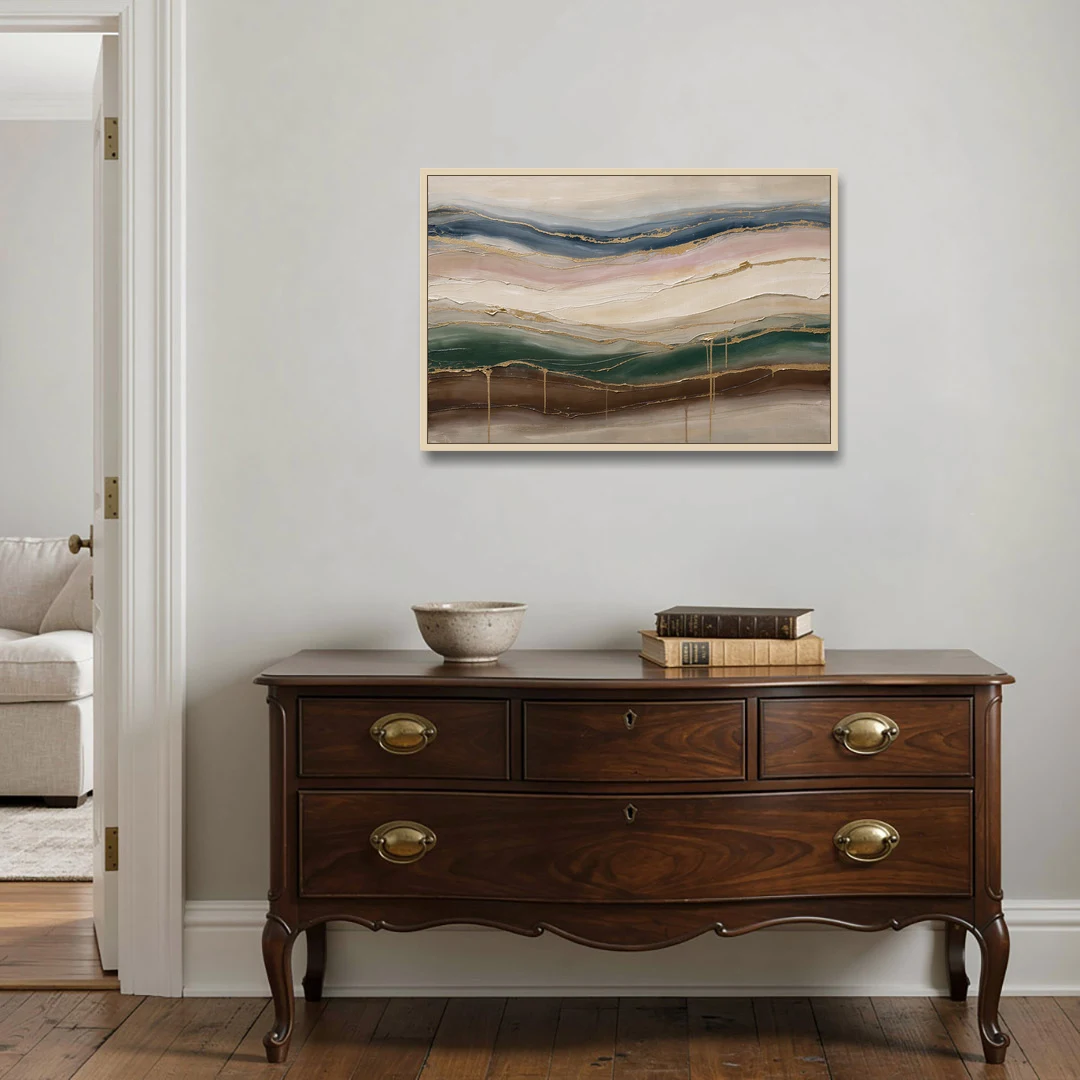 Agate Bands in Forest Green and Gold - Oak Framed Canvas Wall Art - Coffee Table - 36x24