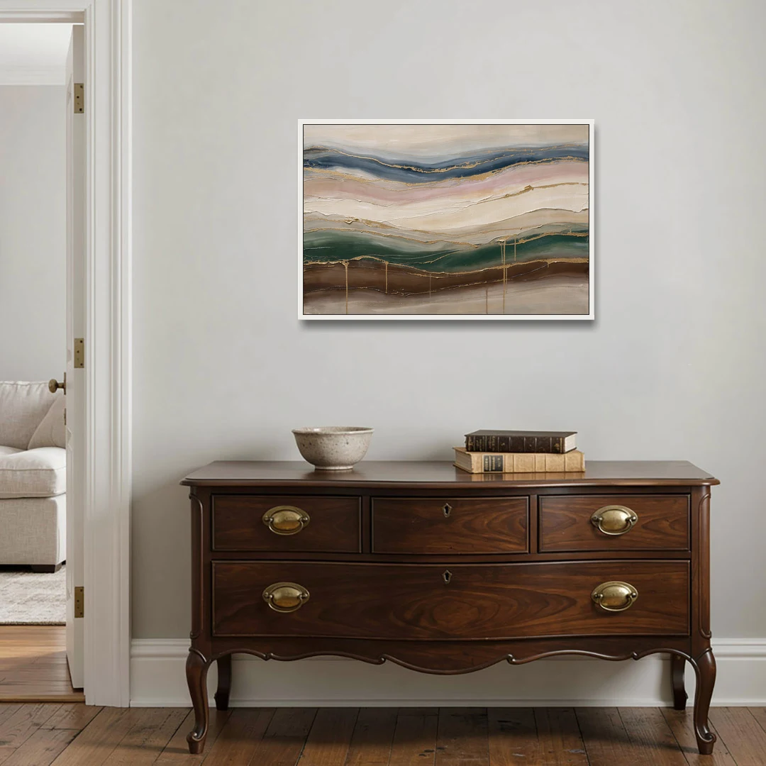 Agate Bands in Forest Green and Gold - White Framed Canvas Wall Art - Coffee Table - 36x24